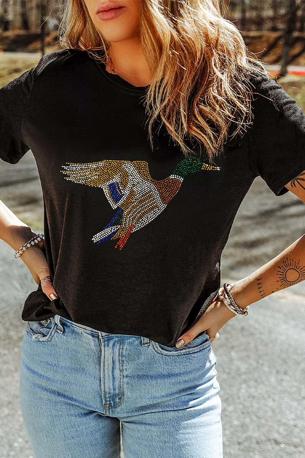 Full Size Rhinestone Flying Mallard Casual Round Neck T Shirt Plus Size, image 2