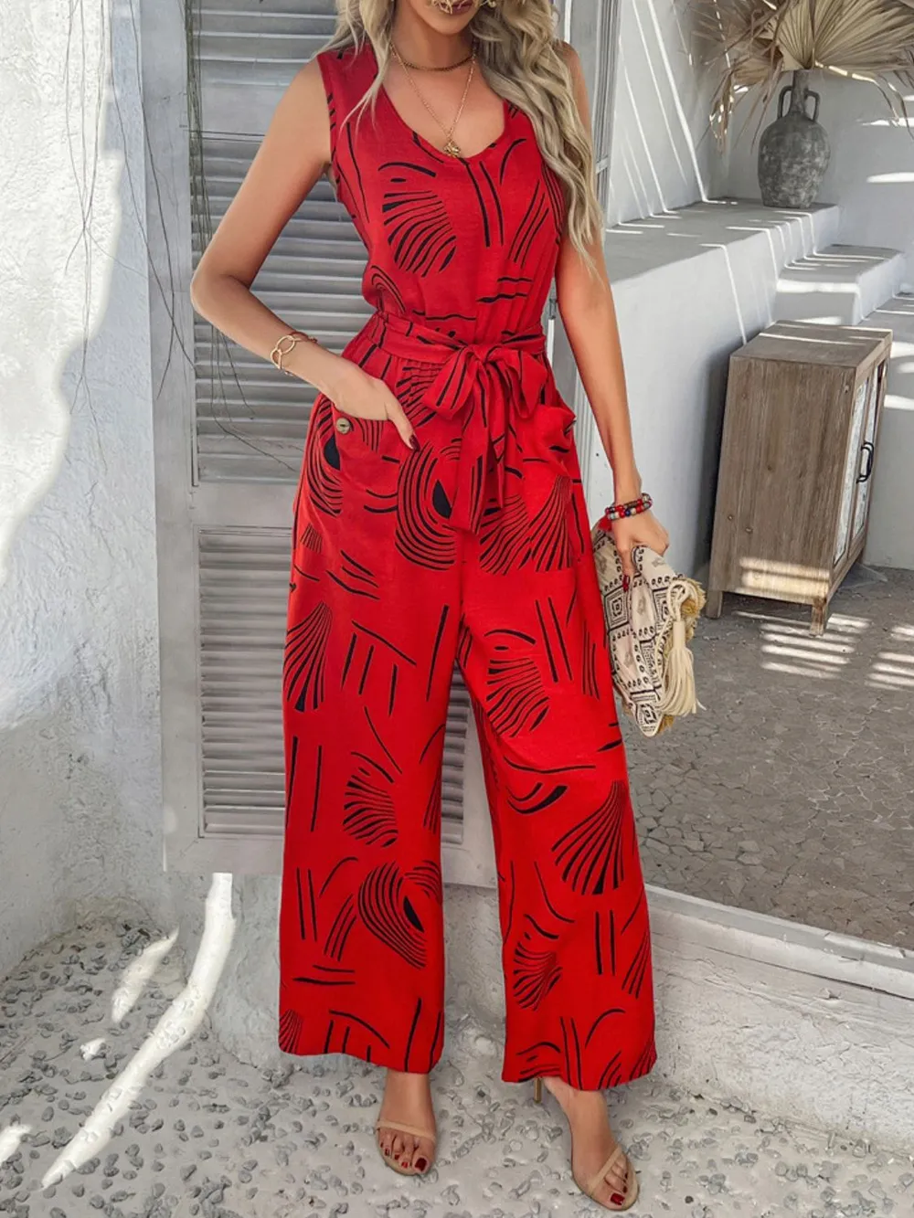 Printed Round Neck Sleeveless Tie Waist Jumpsuit, image 20