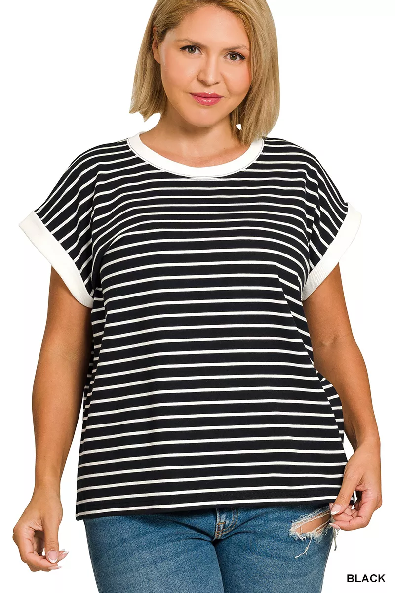 Full Size Contrast Trim Cap Sleeve Stripe Tee Plus Size, image 3