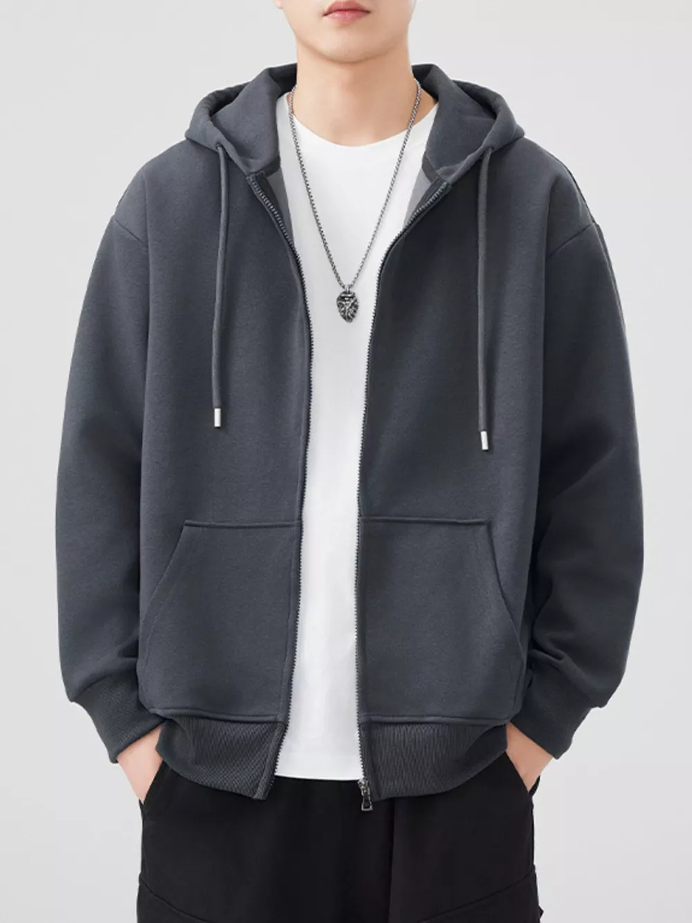 Men's Plus Size Solid Color Zip-Up Hoodie, image 2
