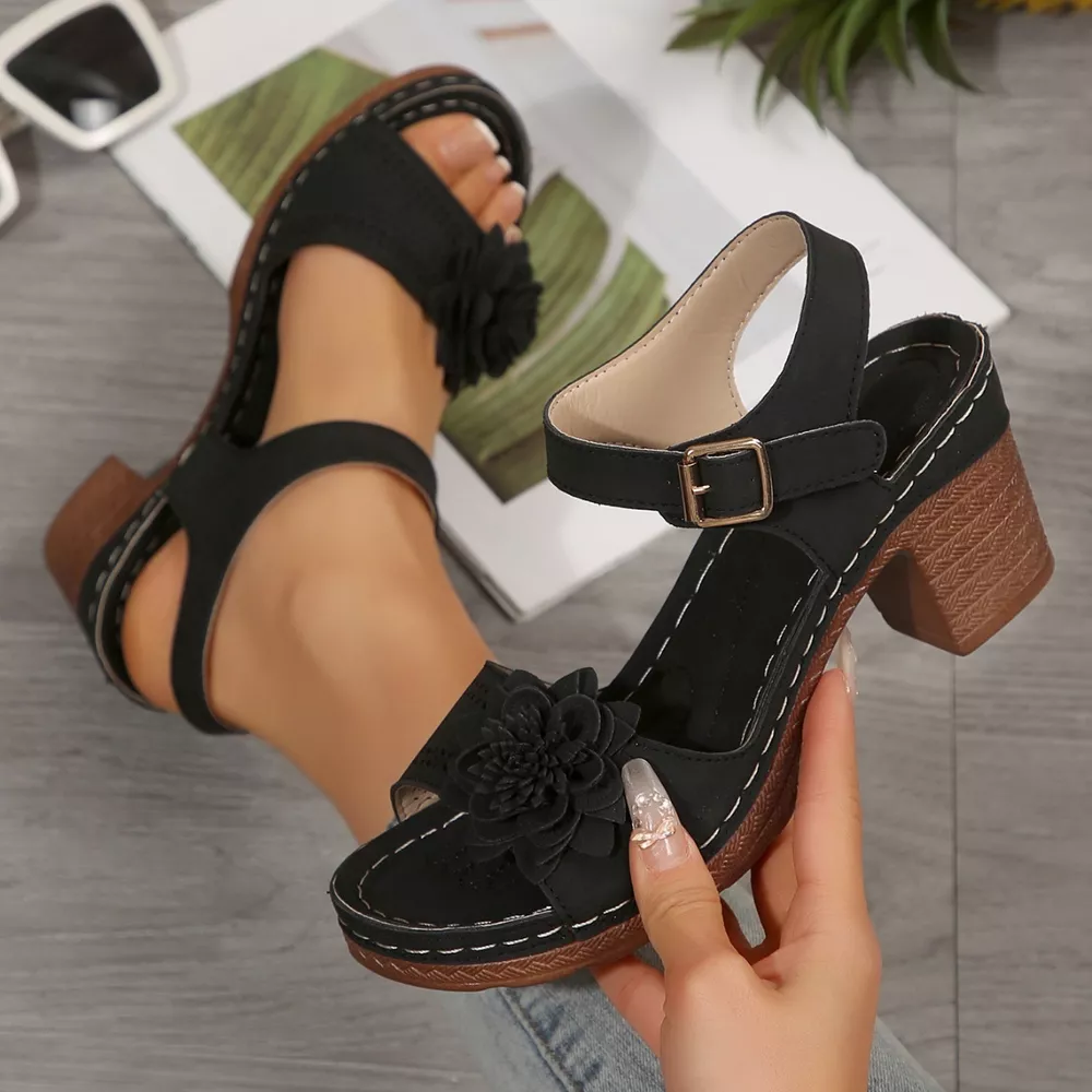 Floral Decor Buckle Ankle Strap Block Heel Sandals, image 6