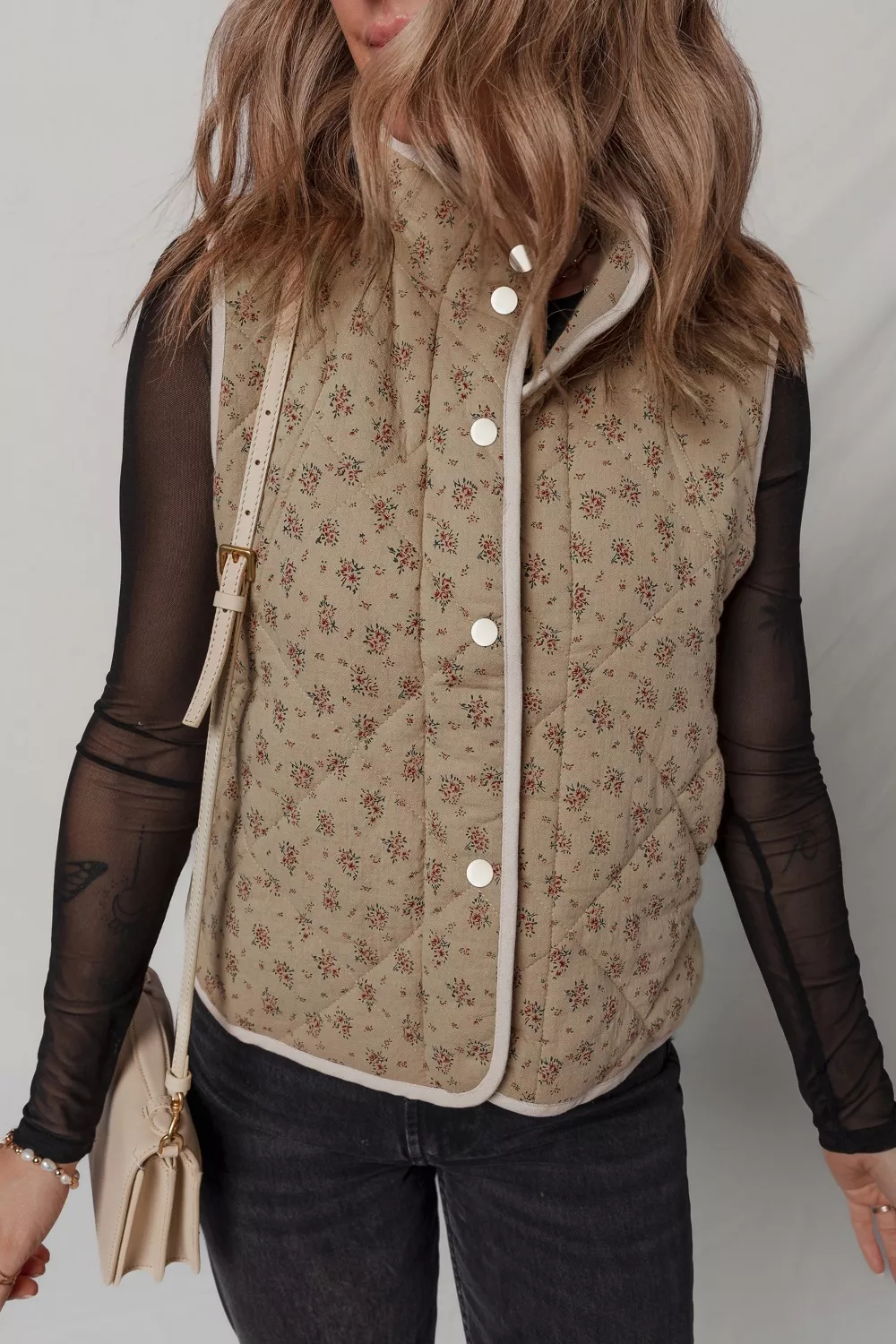 Floral Print Quilted Concealed Button Vest, image 3