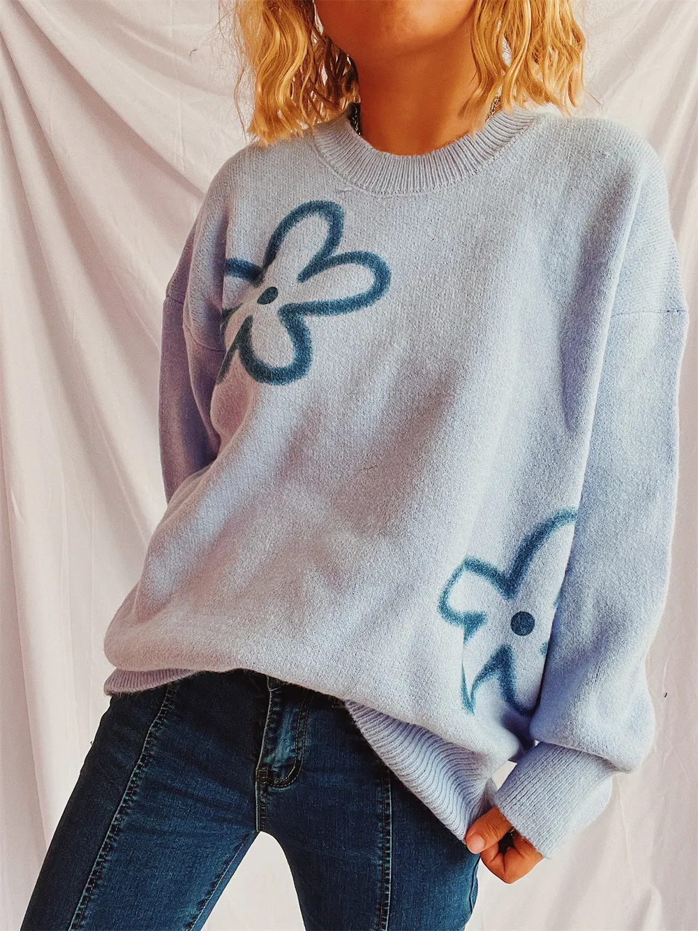 Flower Round Neck Long Sleeve Sweater, image 2