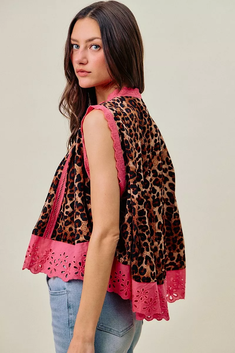 Leopard Button Up Pleated Sleeveless Blouse, image 3