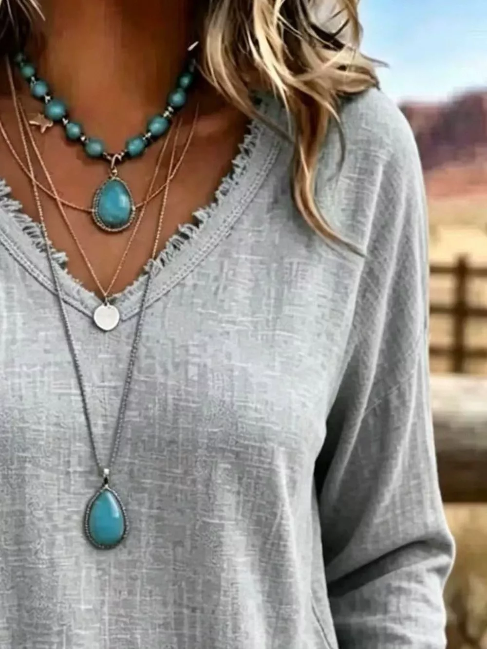 V-Neck Long Sleeve Blouse with Frayed Hem Detail, image 4