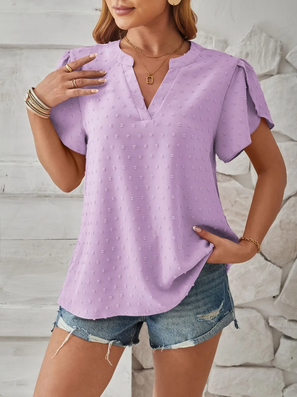 Swiss Dot Notched Petal Sleeve T-Shirt, image 5