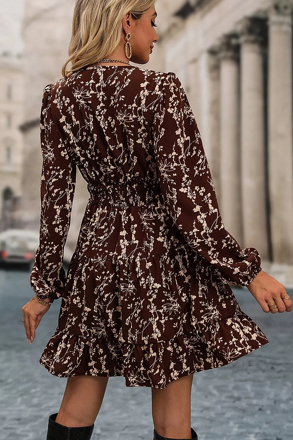 Ditsy Floral Print Split Neck Long Sleeve Shirred Waist Flared Mini Dress, image 4