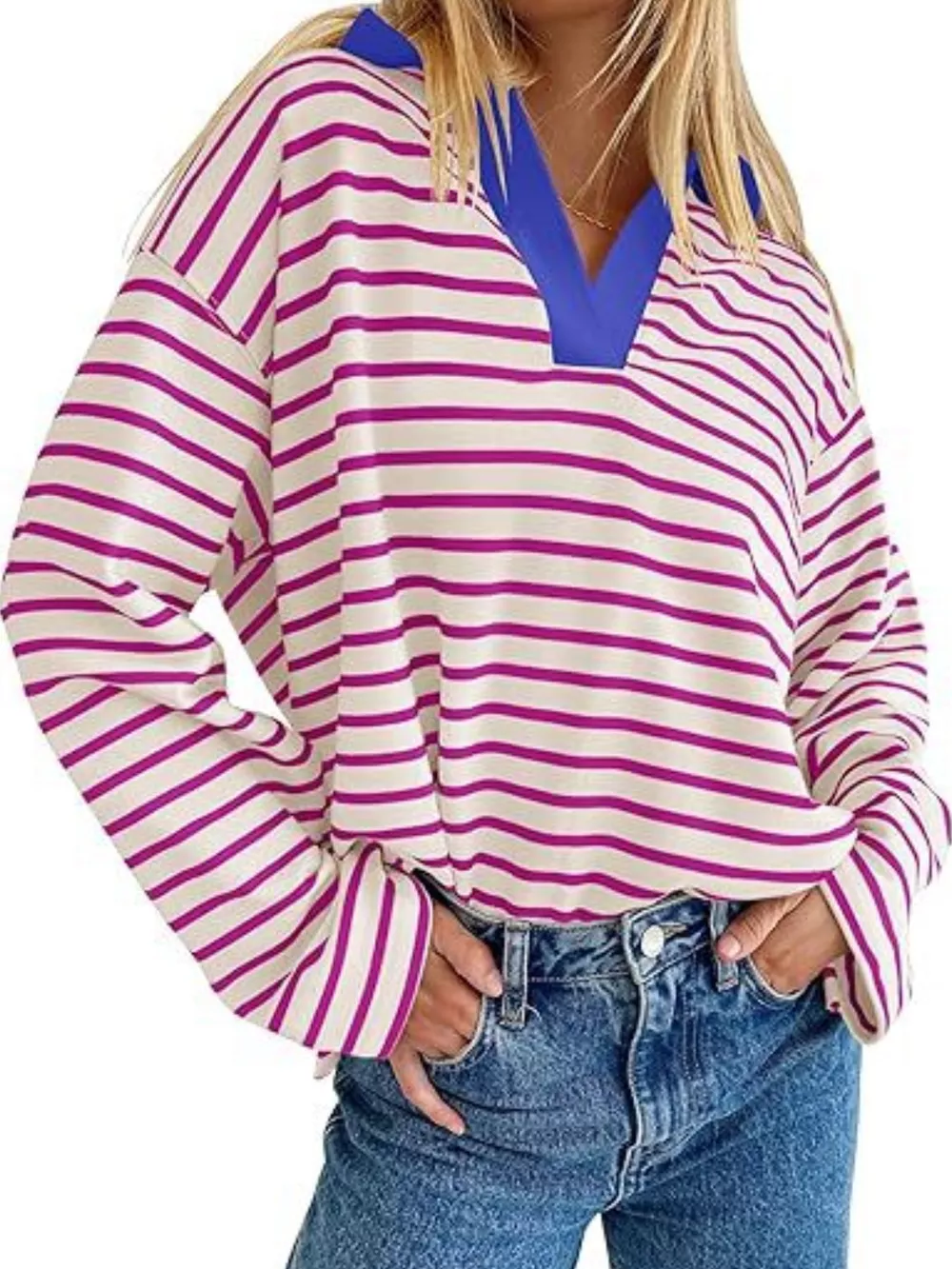 Striped Contrast Collar Long Sleeve Top, image 2