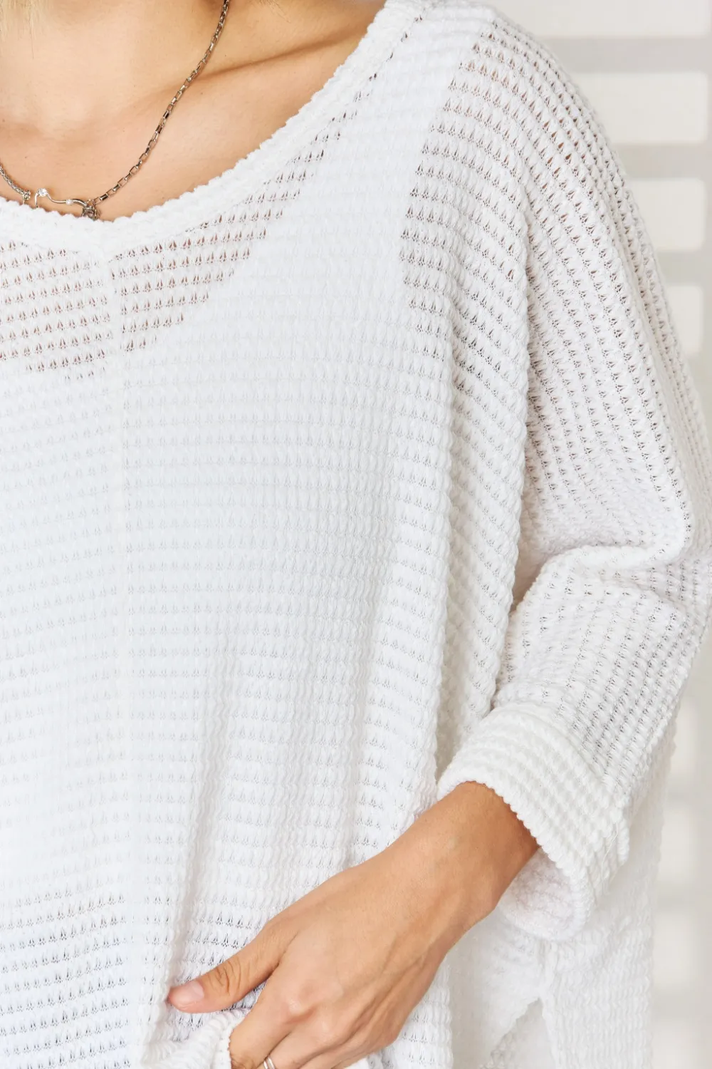 Full Size Waffle Knit V-Neck Long Sleeve Slit Top, image 3
