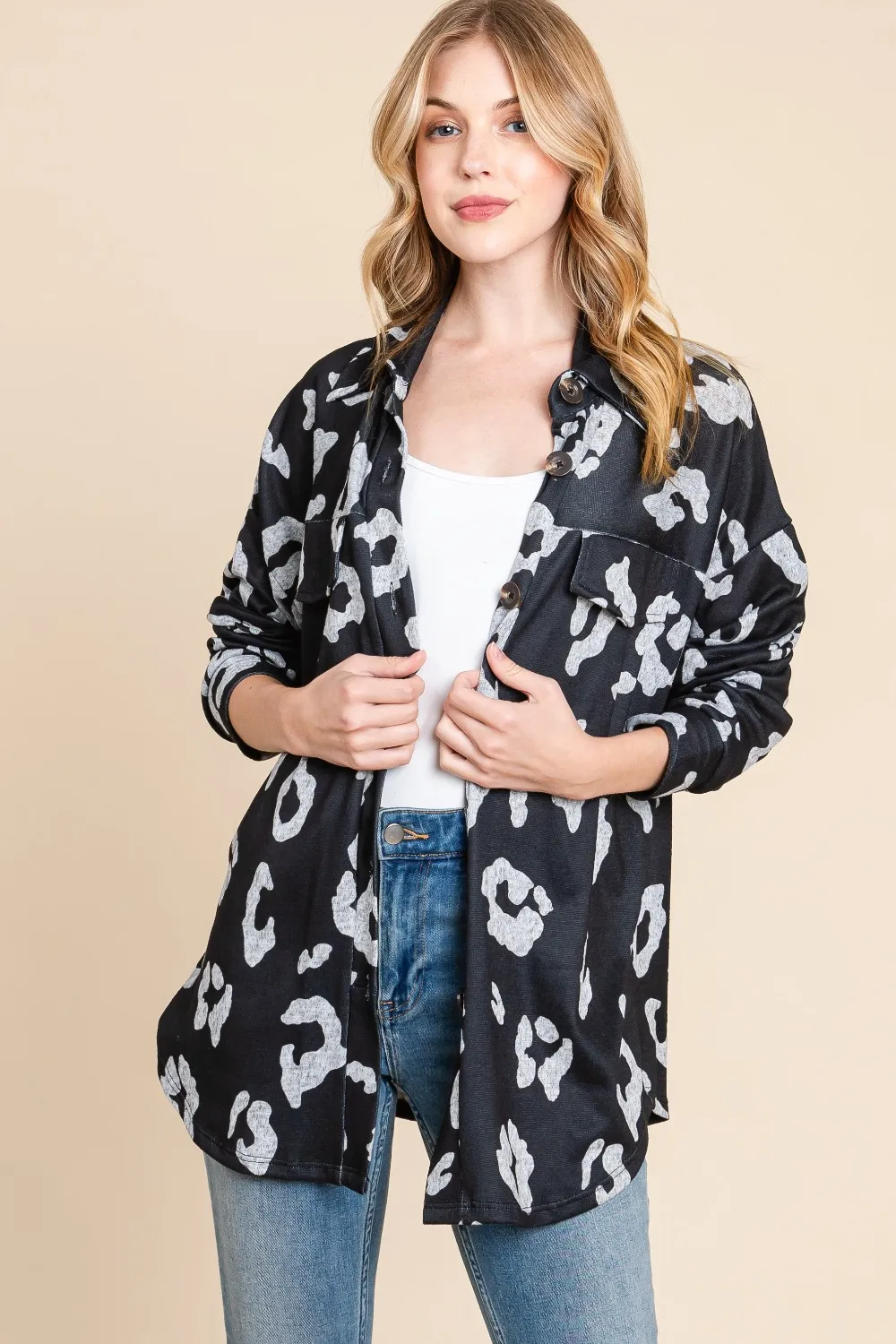 Animal Print Button Up Knit Shacket, image 3