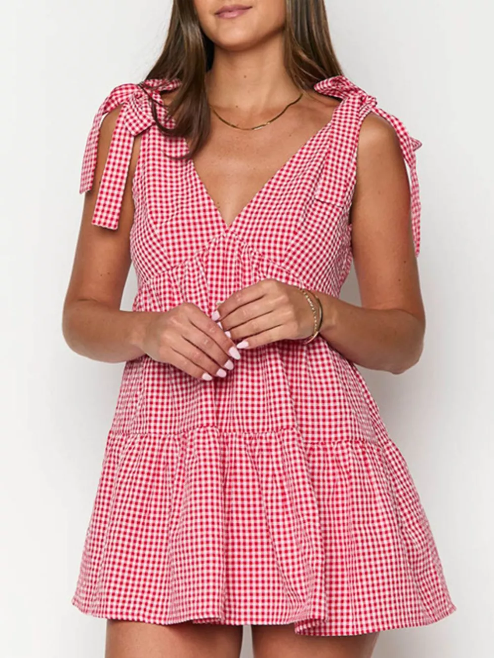 Gingham Tie-Shoulder Mini Dress, image 5