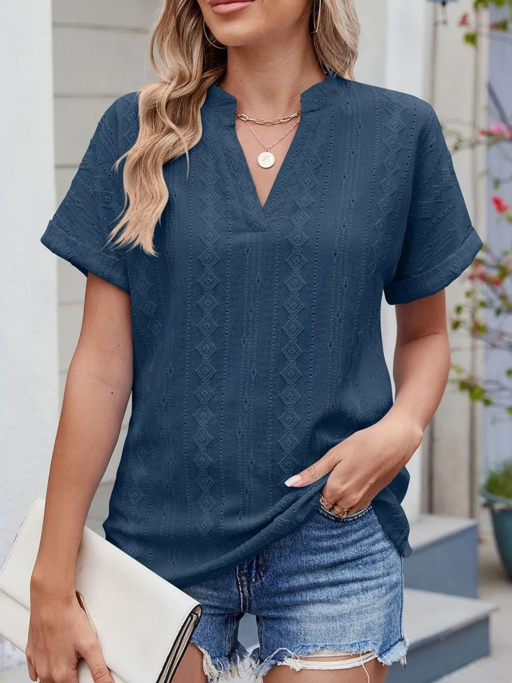 Eyelet Notched Short Sleeve Top, image 19