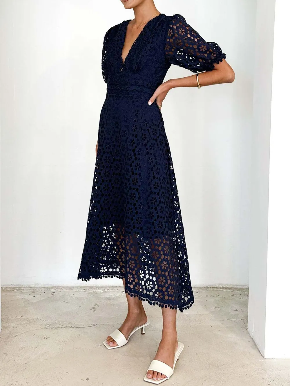 Eyelet Lace V-Neck Midi Dress with Puff Sleeves, image 7
