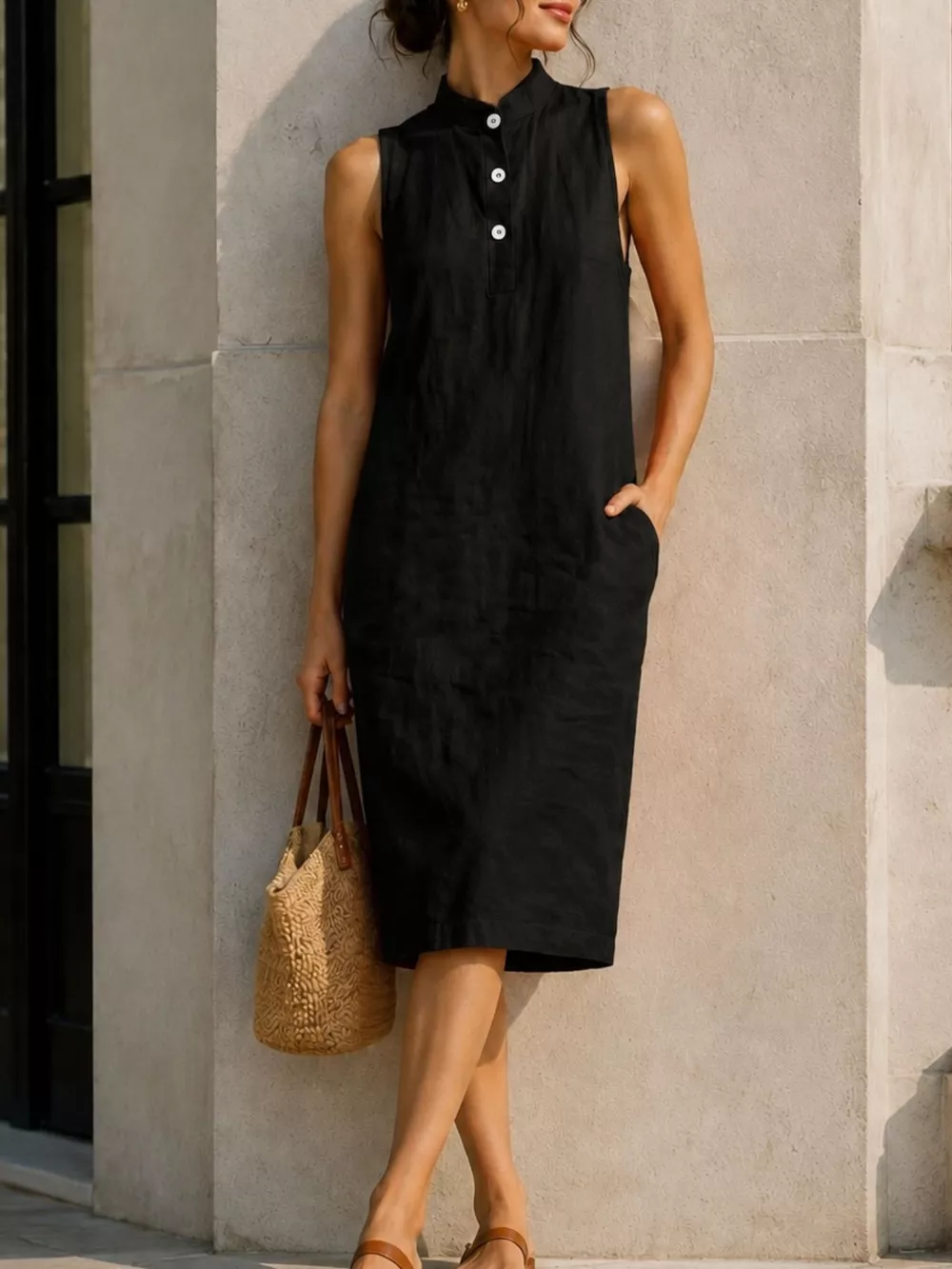 Button Detail Sleeveless Midi Dress, image 4