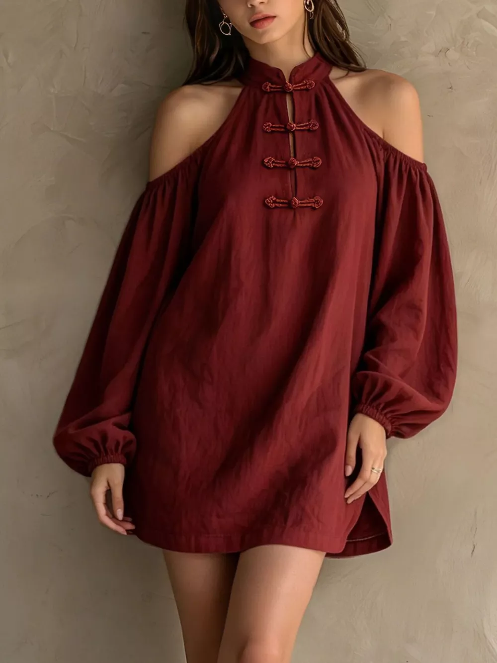 Cold-Shoulder Balloon Sleeve Mini Dress, image 8
