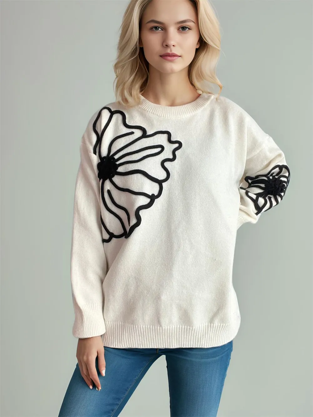 Flower Round Neck Long Sleeve Sweater, image 7