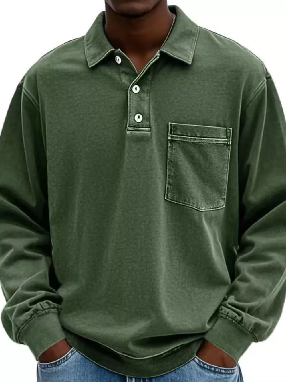 Men's Full Size Vintage Button Detail Long Sleeve Polo Plus Size