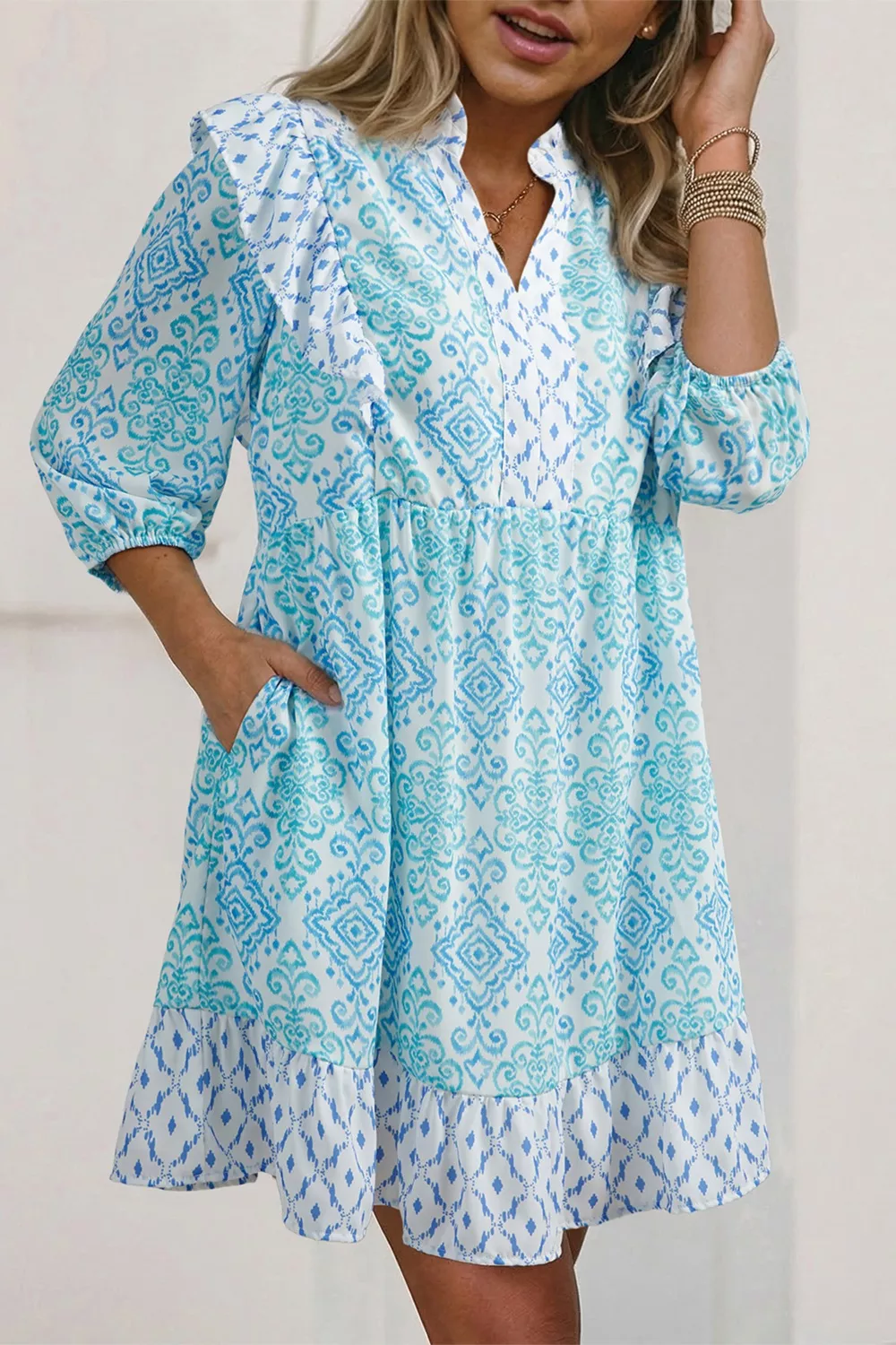 Floral Geometric Patchwork Ruffle Detail Puff Sleeve Mini Dress, image 3