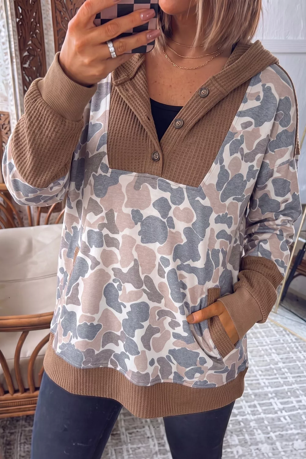 Camouflage Print Waffle Knit Patchwork Half Zip Hoodie