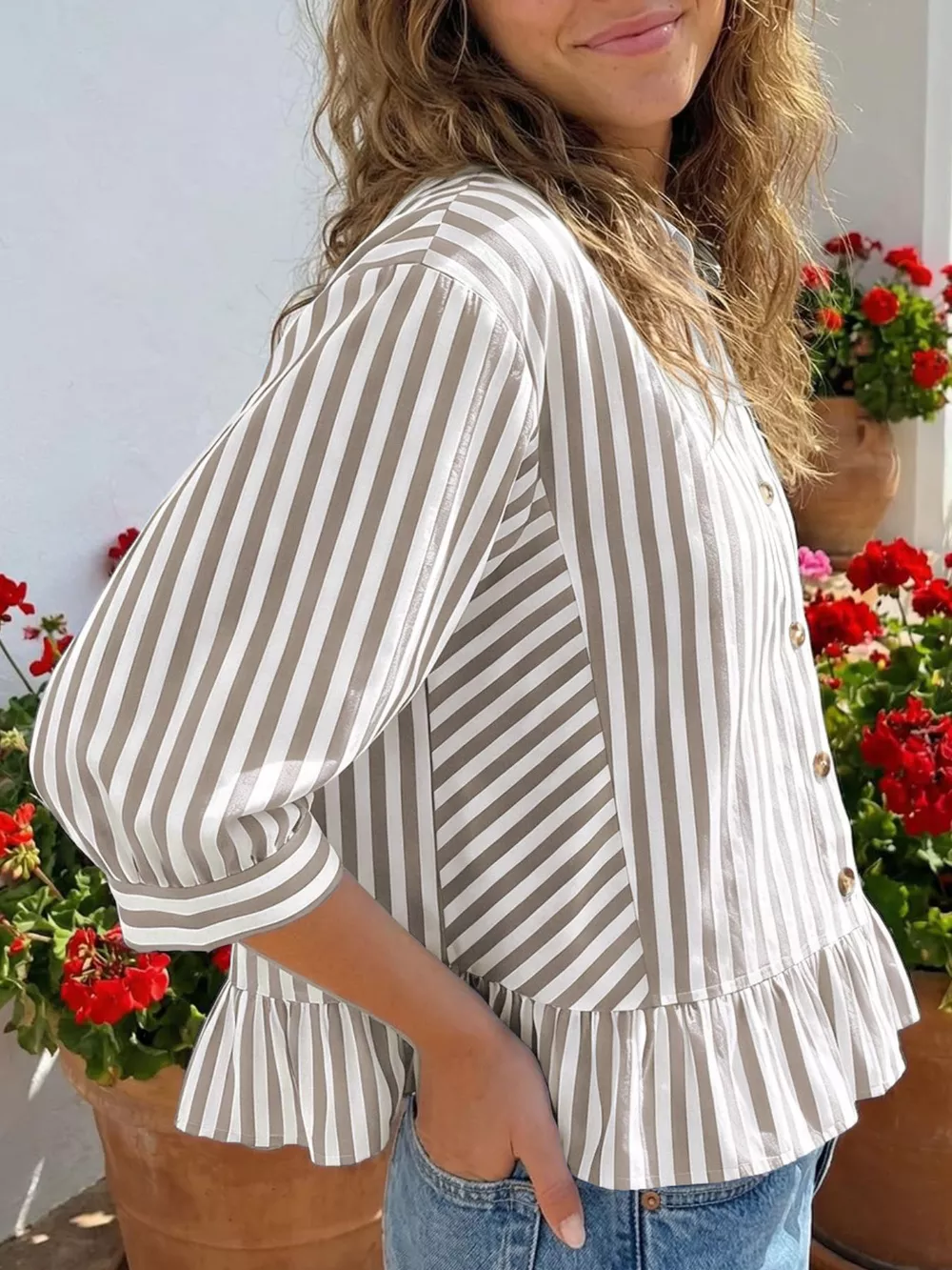 Striped Ruffle Hem Button-Down Shirt, image 18