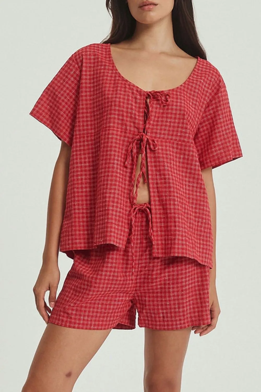 Plaid Tied Scoop Neck Short Sleeve Top and Drawstring Shorts Set, image 6