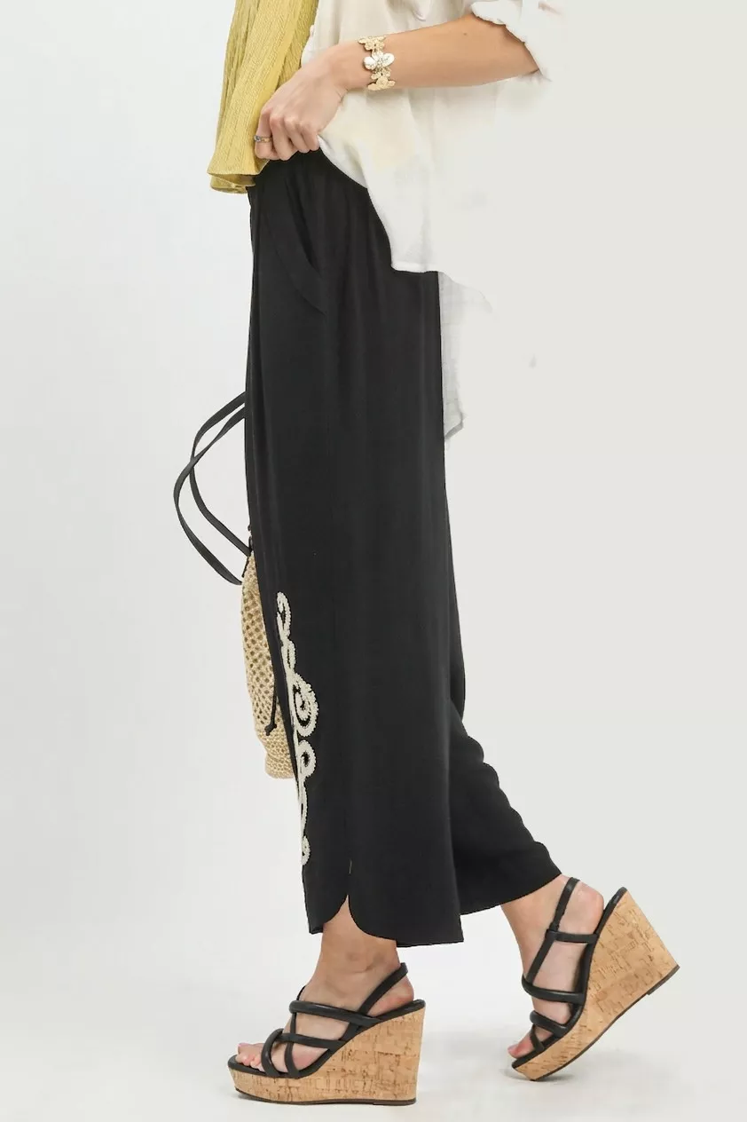 Linen Embroidered Wide-Leg Boho Pants, image 2