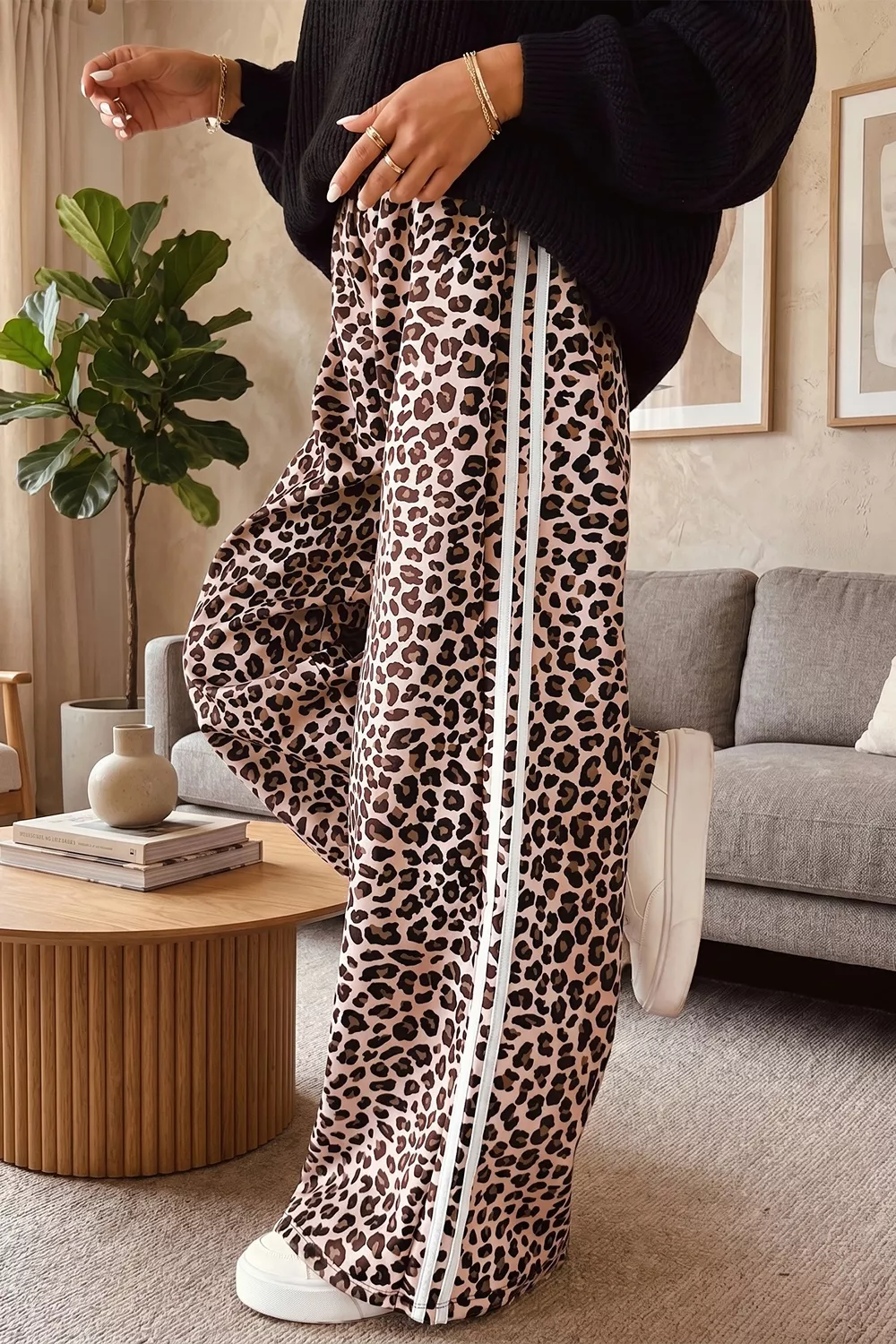 Leopard Print Side Striped Detail Casual Wide Leg Pants, image 2