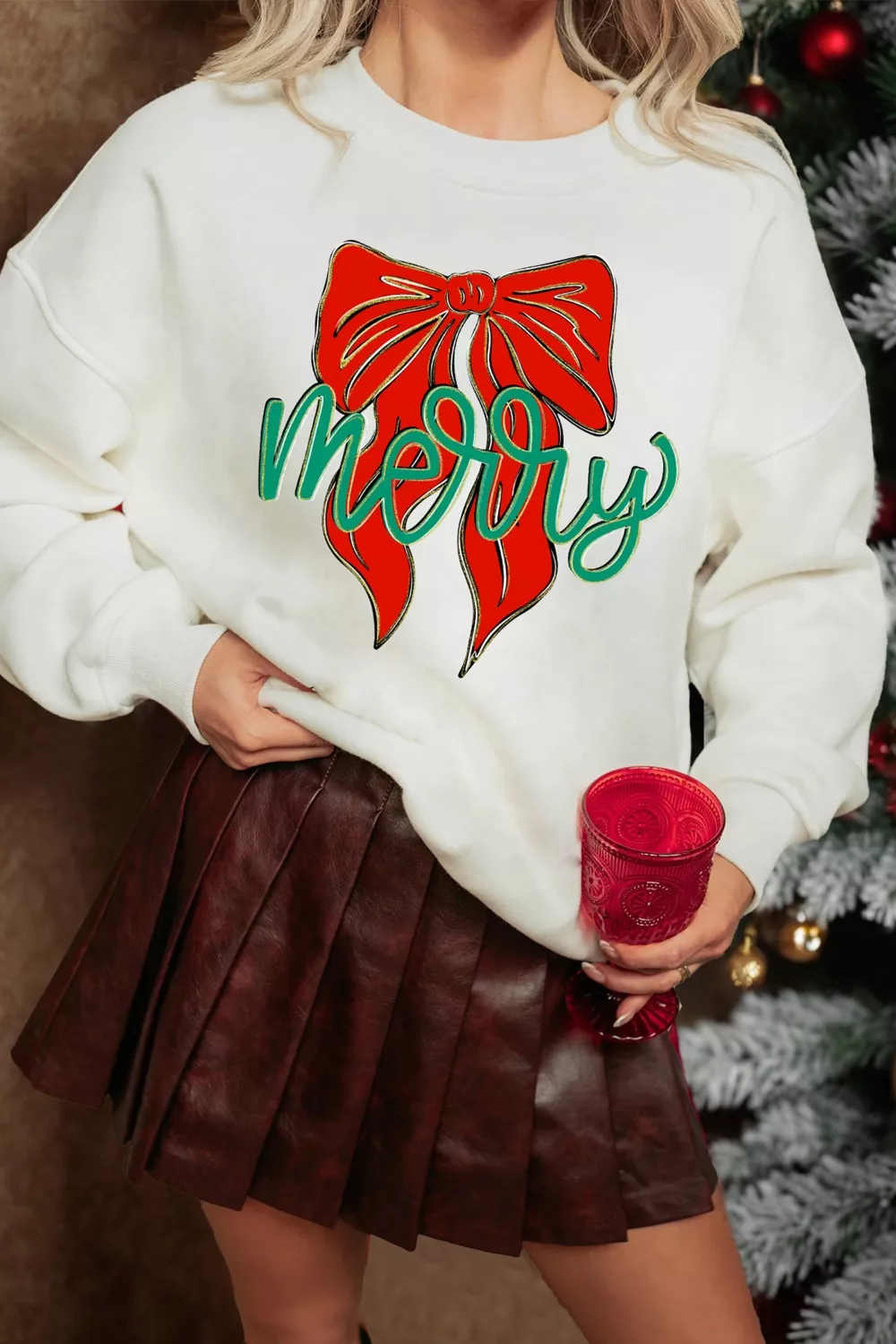 Merry Bow Graphic Drop Shoulder Loose Christmas Sweatshirt, image 2