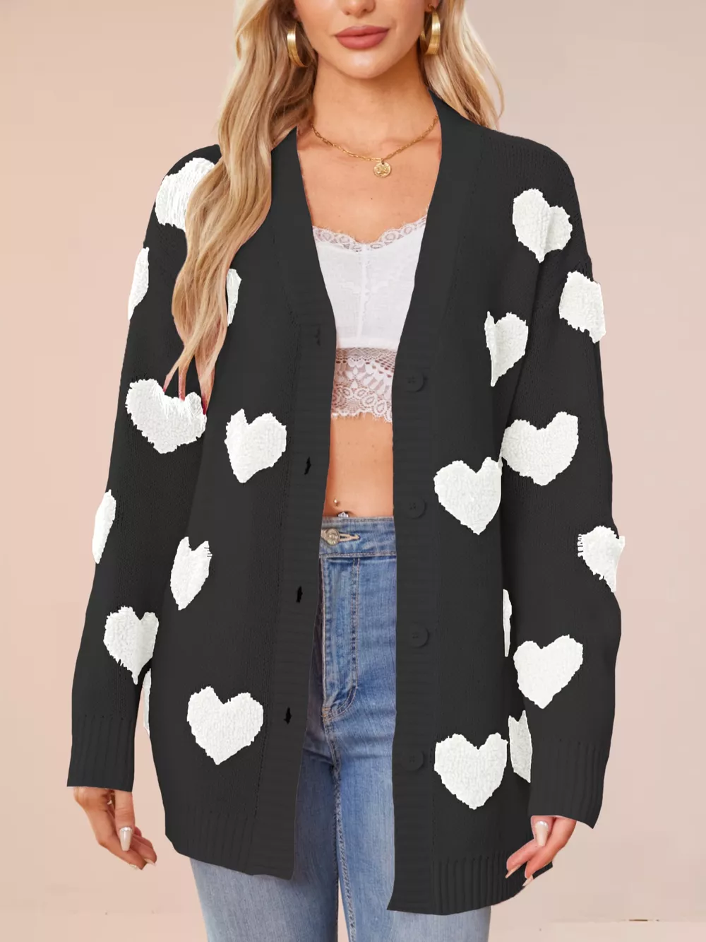 Heart Pattern Knit Button-Up Cardigan, image 14