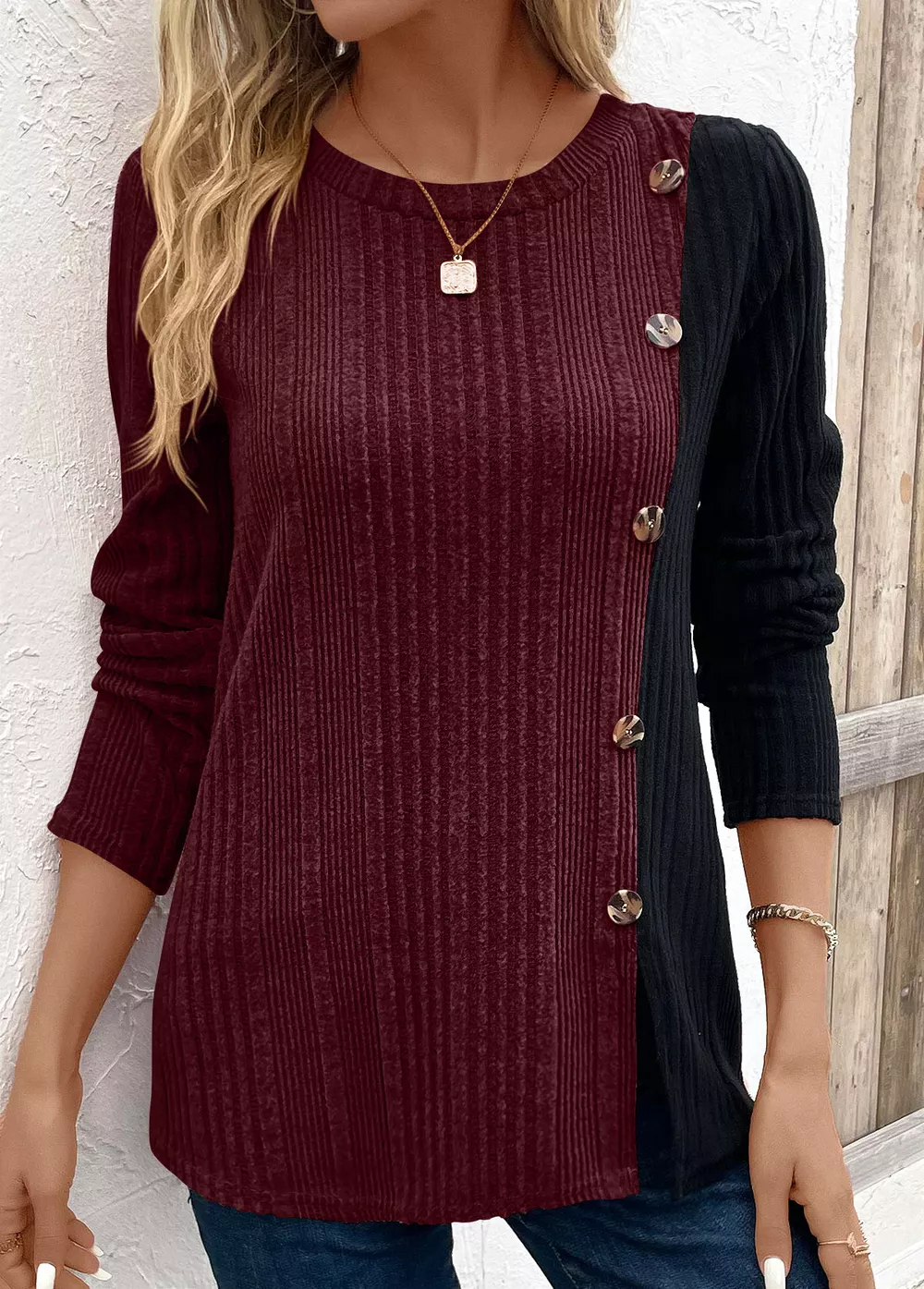 Color Block Ribbed Knit Decor Button T-Shirt, image 13
