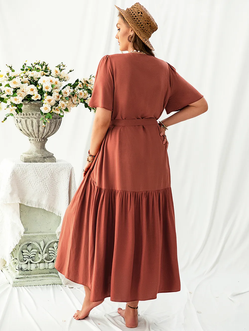 Plus Size V-Neck Flutter Sleeve Midi Dress, image 3