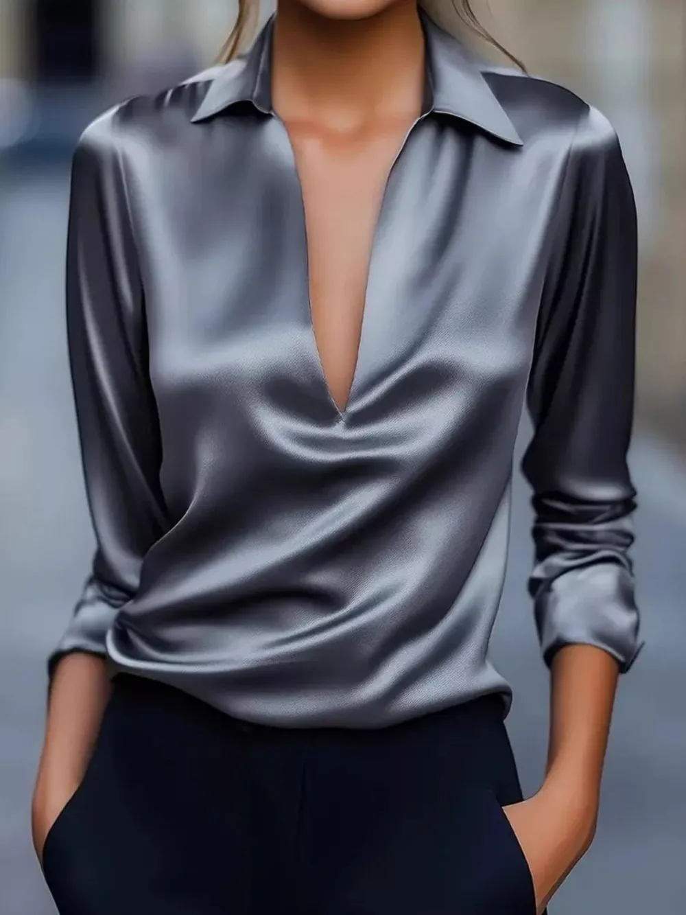 Satin Johnny Collar Long Sleeve Blouse, image 7