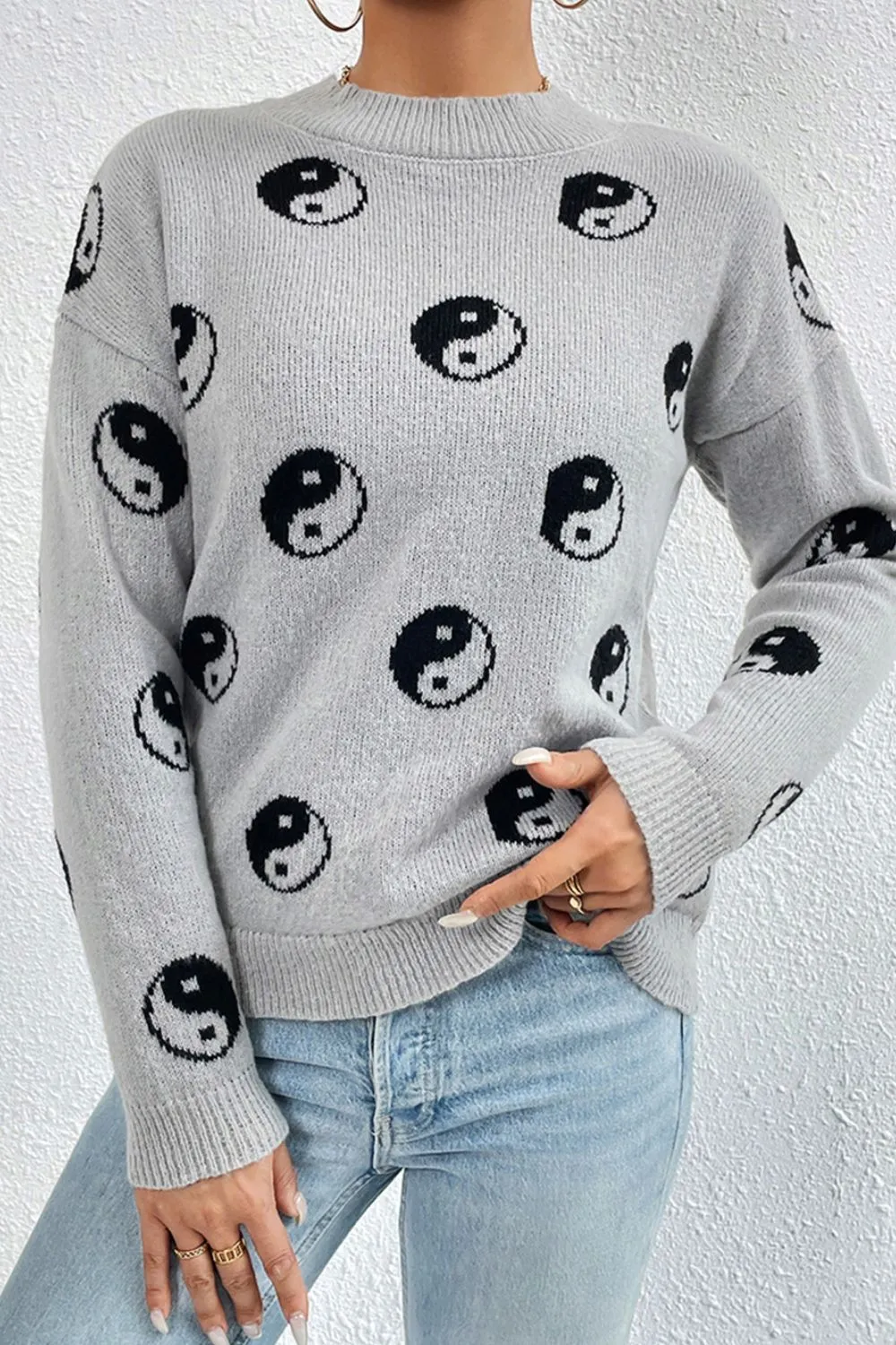 Graphic Mock Neck Dropped Shoulder Sweater, image 12