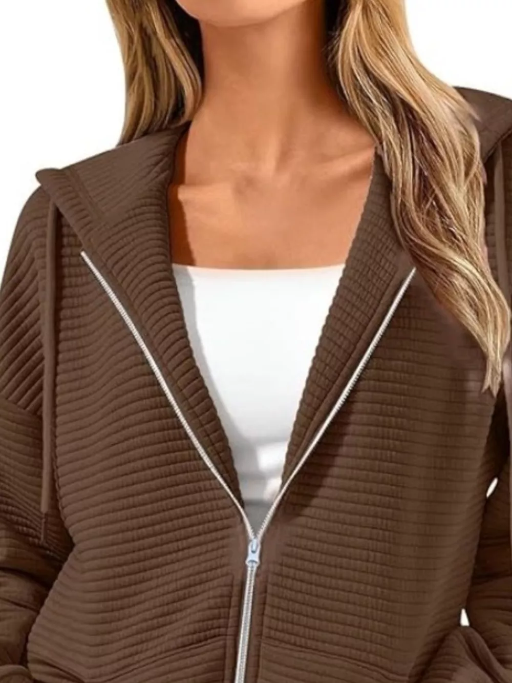 Drawstring Zip Up Dropped Shoulder Hoodie, image 10