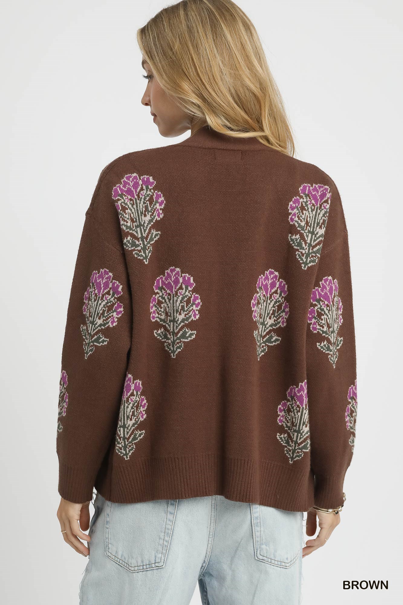 Single Flower Stem Jacquard Cardigan Sweater, image 4