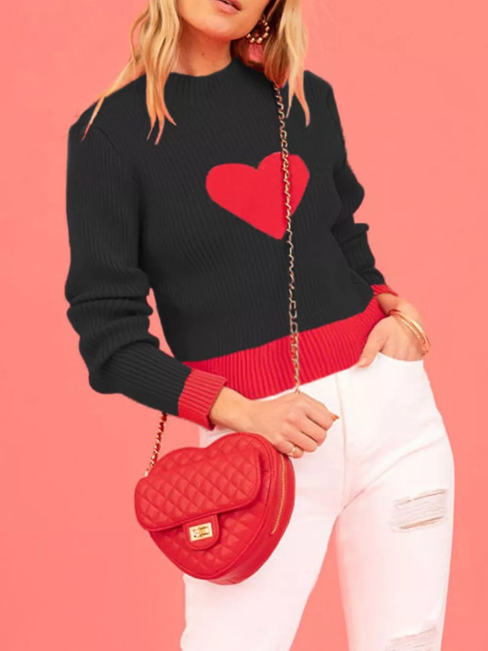Color-Block Heart Pattern Ribbed Knit Sweater, image 5