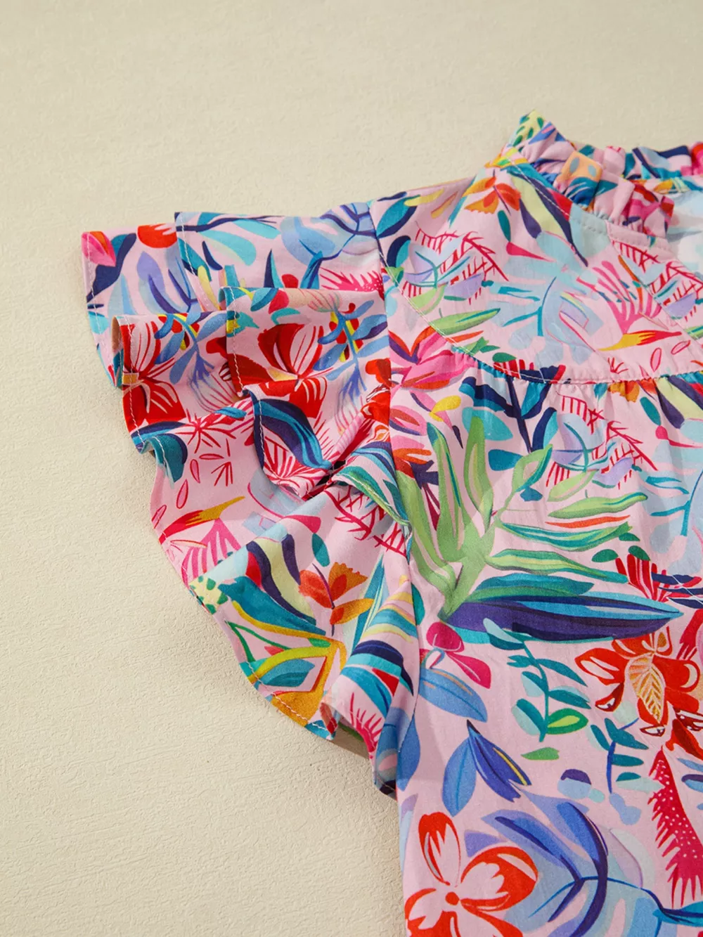 Tropical Floral Print Frilly Notched Neck Ruffled Short Sleeve Blouse, image 5