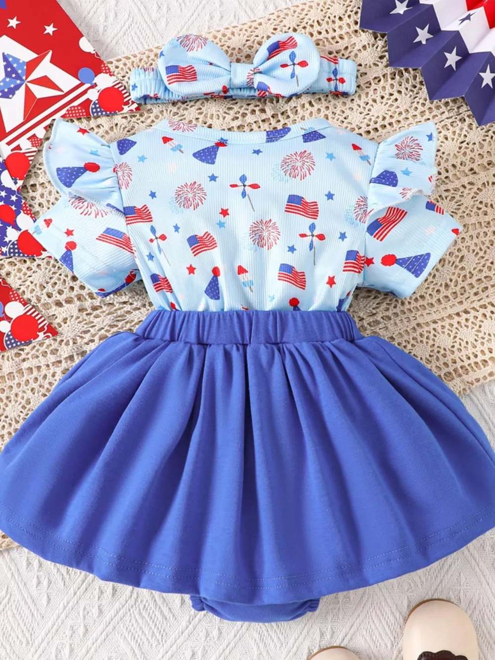 Children's Patriotic USA Ruffle Sleeve One-Piece with Headband, image 7