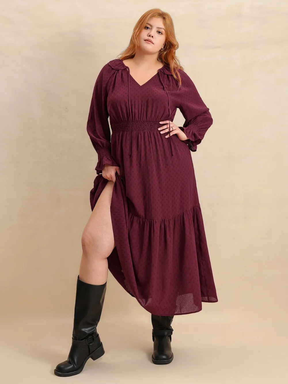 Plus Size Swiss Dot Tie Neck Flounce Sleeve Maxi Dress, image 4