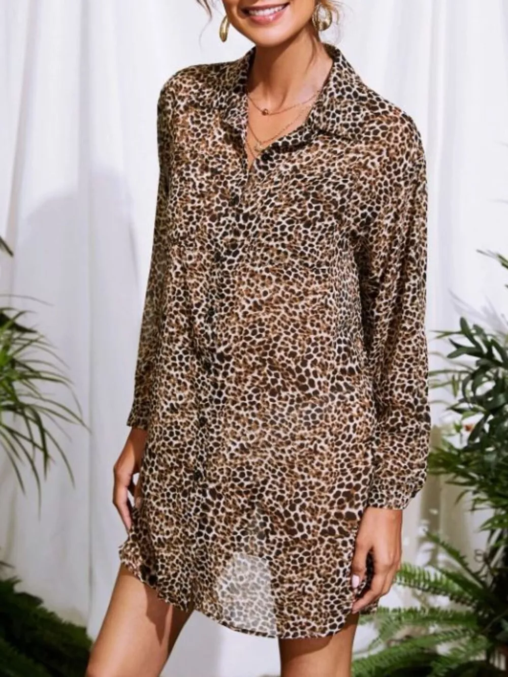 Leopard Print Button-Up Long Sleeve Oversized Shirt, image 2