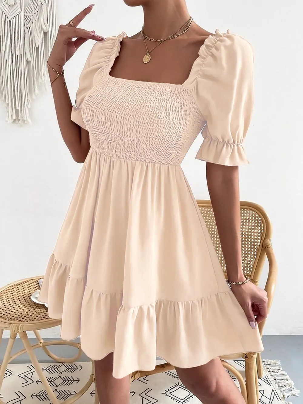 Smocked Square Neck Short Sleeve Dress, image 9