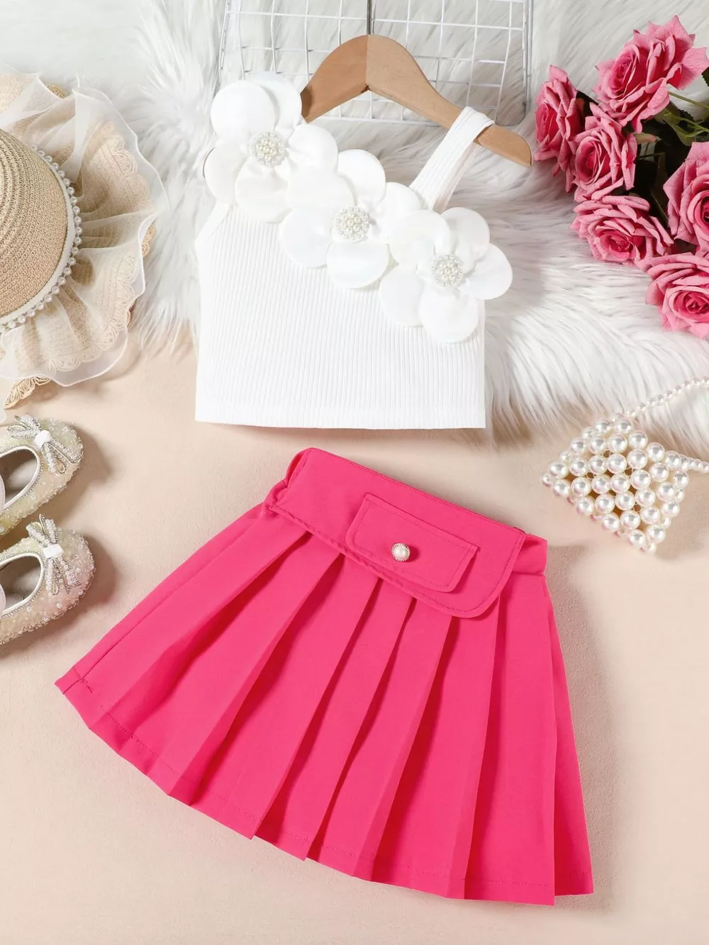 Children's Floral Applique Tank Top & Pleated Skirt Set, image 5