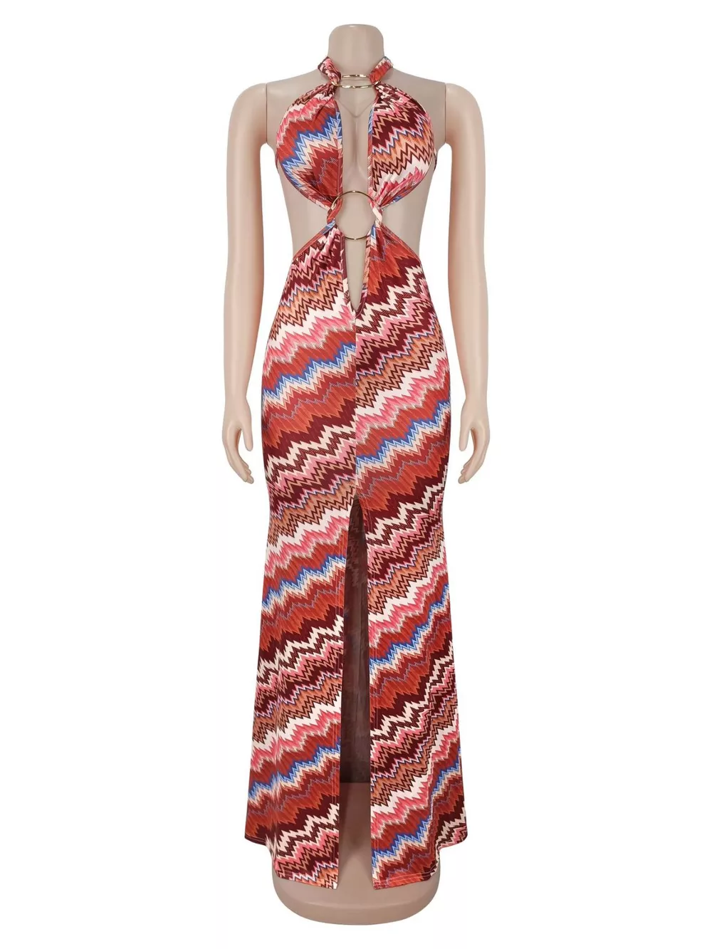 Chevron Print Halter Neck Cut-Out Maxi Dress, image 4