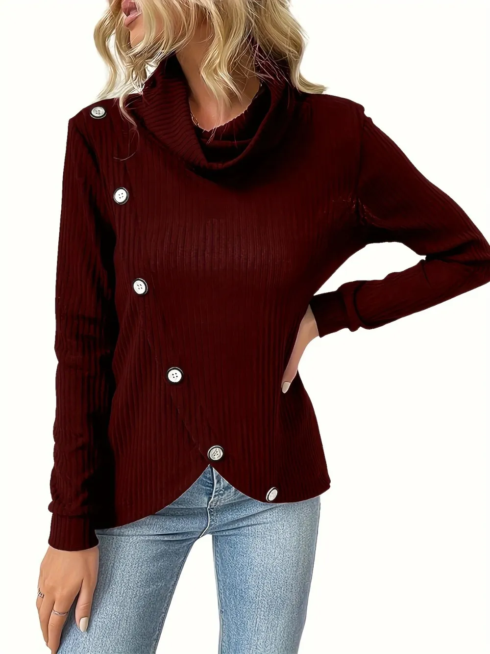 Decorative Button Turtleneck Long Sleeve T-Shirt, image 4