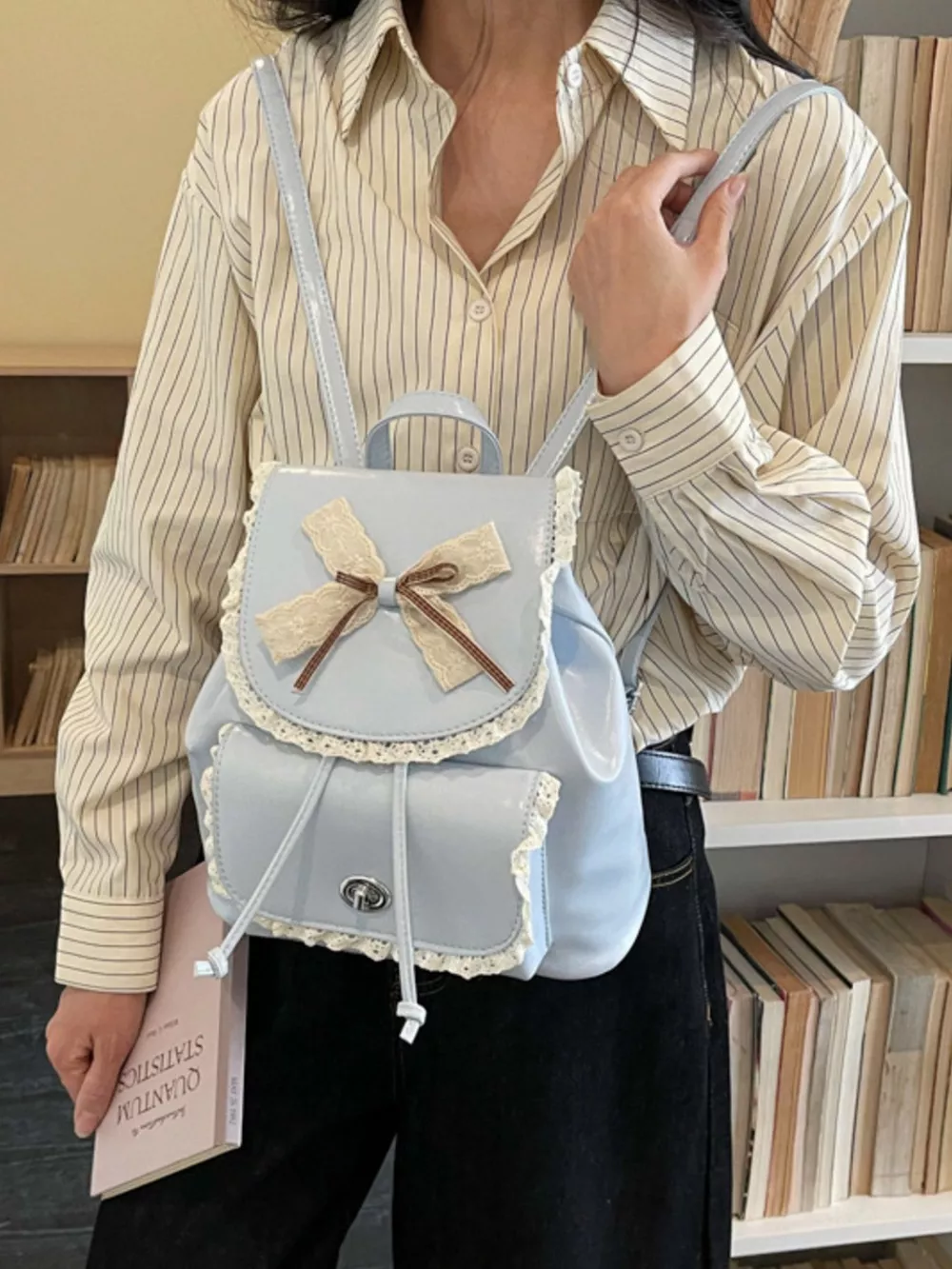 Lace Trim Bow Decor Backpack Bag, image 7