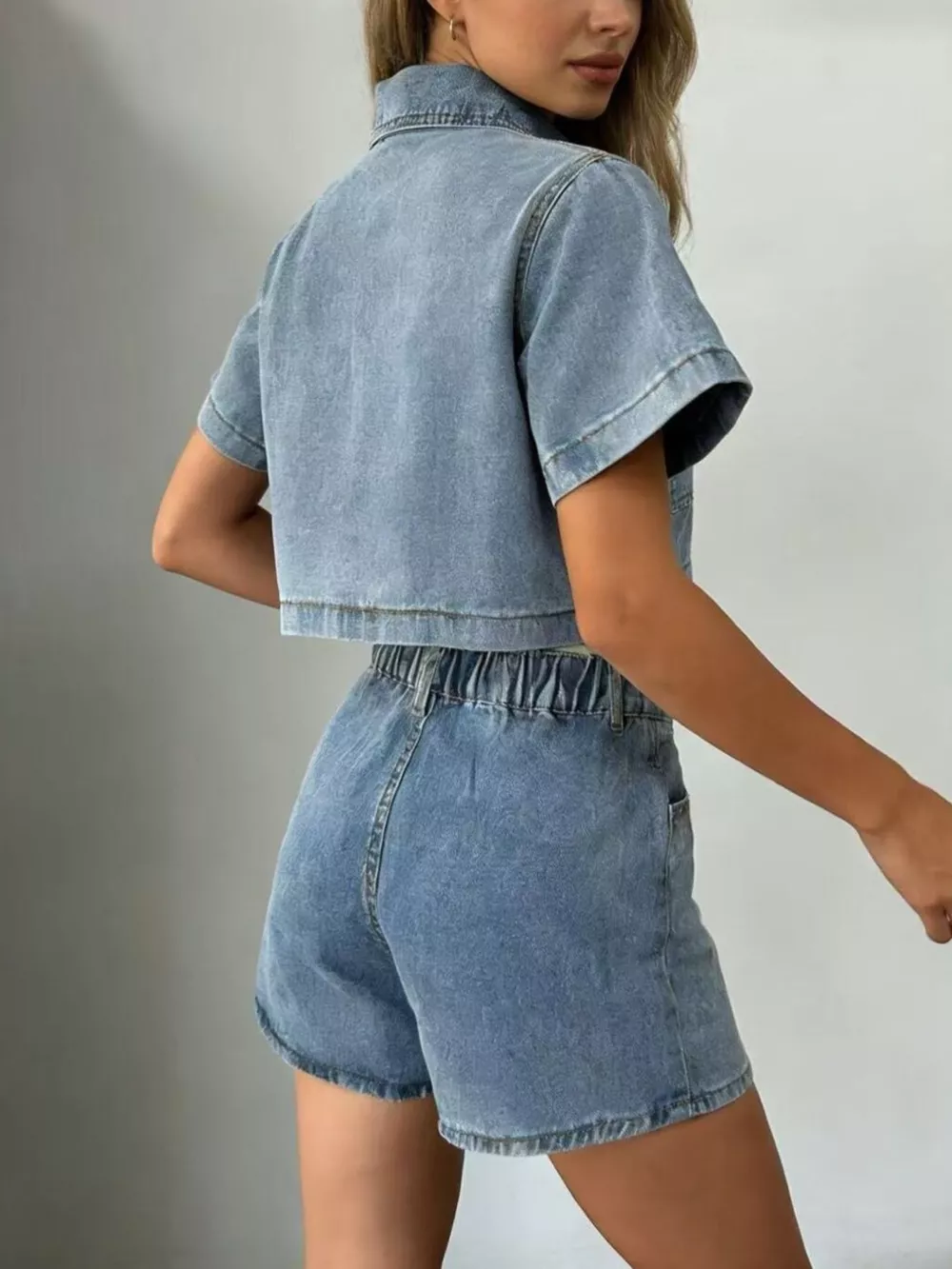 Short Sleeve Cropped Top and Skort Denim Set, image 6
