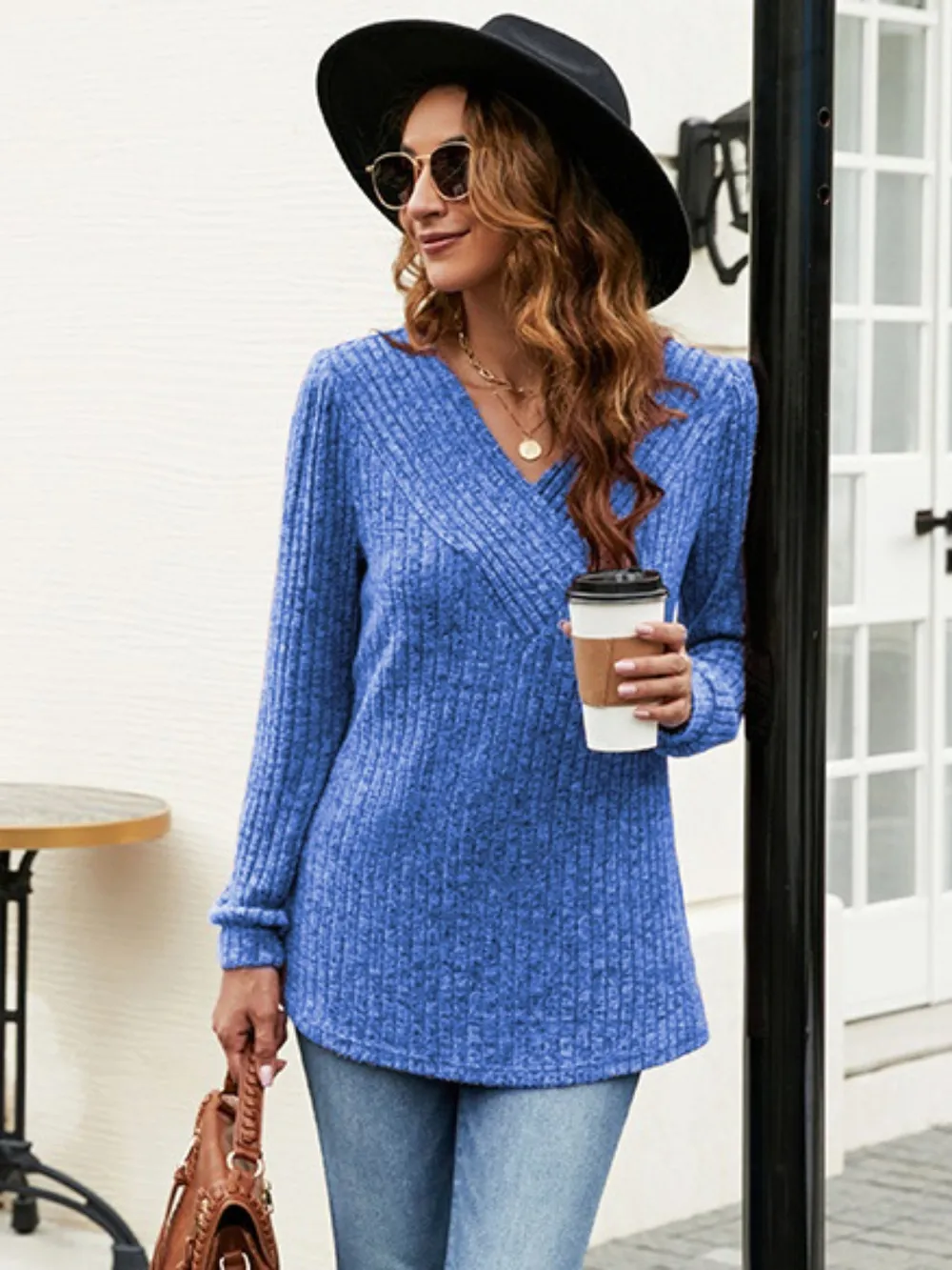 Ribbed Surplice Long Sleeve T-Shirt, image 8