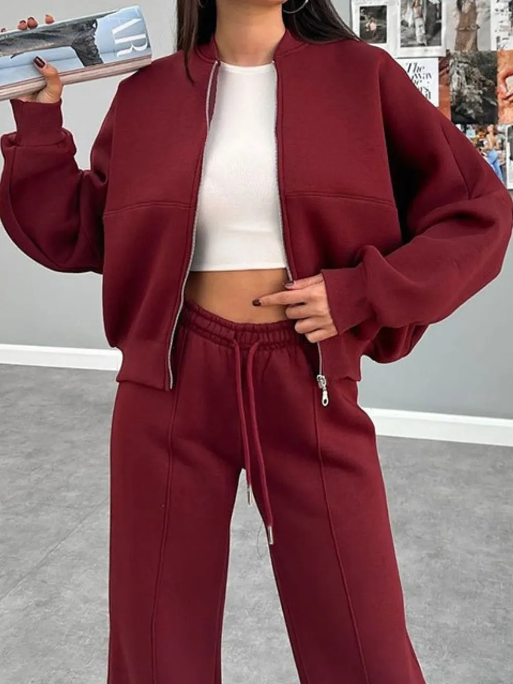 Baseball Collar Zip Up Top and Drawstring Paants Set, image 10