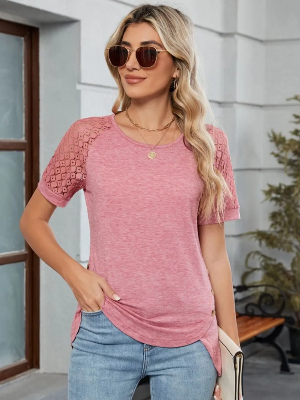 Round Neck Lace Short Sleeve T-Shirt, image 6