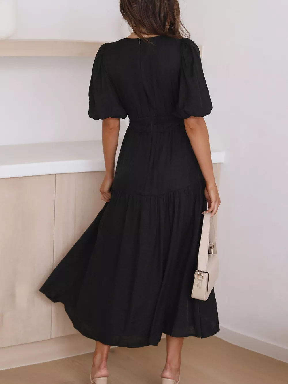 Elegant Puff Sleeve V-Neck Midi Dress, image 10